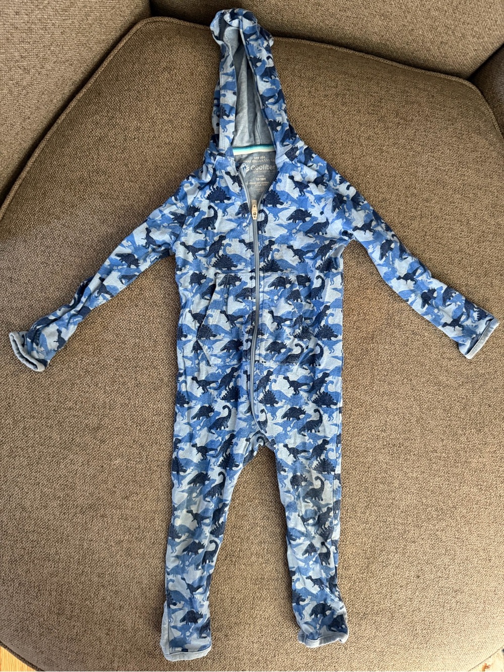 Coolibar UPF 50+ Dino Camo Bodysuit — 12–18M — Hooded